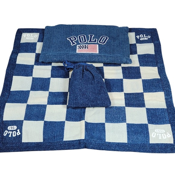 RARE New Polo Ralph Lauren Home Denim Travel Checkers Game Set w/ Carry Bag 1967 - Picture 7 of 9